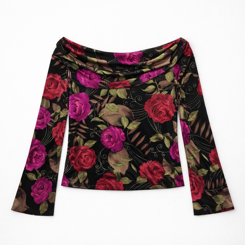 Y2K Black Velvet Floral Off Shoulder Cowl Neck M Moody Romantic Whimsigoth Bell